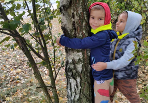 chłopcy przytulają się do drzewa