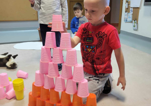 chłopiec układa wieże z kubeczków plastikowych