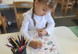 dziewczynka koloruje liście zgodnie z odpowiednim kolorem i wzorem