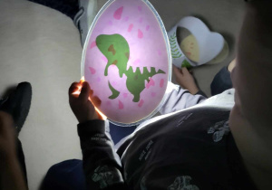 chłopiec sprawdza latarką co kryje się w jajku dinozaura