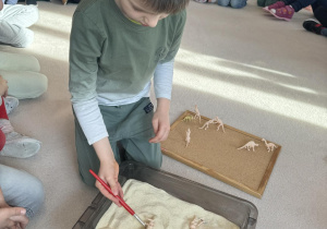 dziecko szuka dinozaurów w piasku