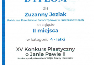 dyplom Zuzi za zajęcie II miejsca w konkursie plastycznym o Janie Pawle II