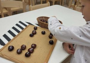 chłopiec układa wyraz z napisanych sylab na kasztanach