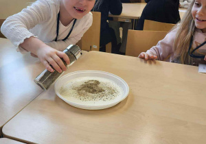 dziewczynka siedzi przy stoliku i dodaje pieprzy to cieczy aby zrobić ekperyment