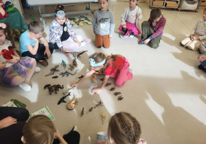 dziewczynka układa sylwety zwierząt pochodzące z epoki lodowcowej