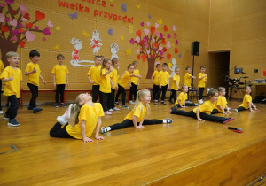 grupa 6 latków tańczy układ choreograficzny do piosenki a dziewczynki wykonują figury akrobatyczne