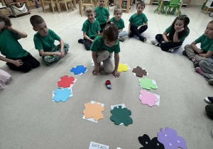 dzieci siedzą w kole na środku jest dziewczynka, która kręci zabawką "wskazujacy paluszek"i wykonuję zadanie z kolorowymi kończynkami