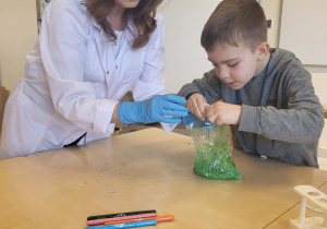 pani od chemi pokazuję chłopcu jak można zabarwic skorupkę jajka