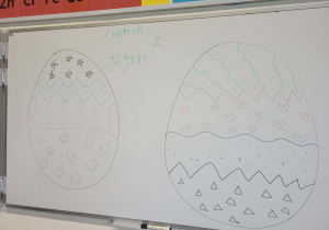 na tablicy są narysowane pisanki i podpis "chemia z jajem"
