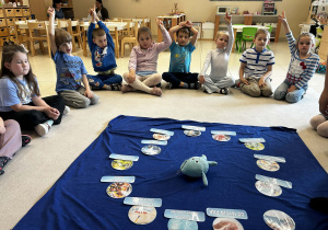Dzieci siedzą w kole na dywanie wokół kropelki wody