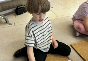 chłopiec układa karty kwiatów do lekcji trójstopniowej Montessori