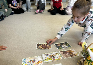 Chłopiec układa na dywanie karty z potrawami świątecznymi.