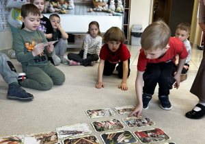 Chłopiec wskazuje wybraną ilustrację wśród rozłożonych kart edukacyjnych.
