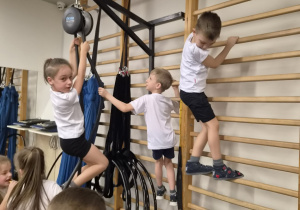 dzieci wspinają sie na drabinki w sali gimnastycznej