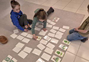 Dzieci grają w ekologiczne memory na dywanie.