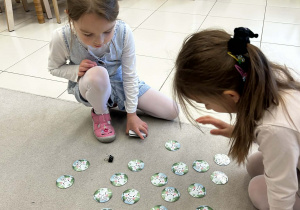 Dziewczynki układają na dywanie karty z liczbami i kroplami wody
