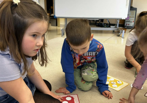 Dzieci segregują małe żetony z obrazkami przedmiotów, przyporządkowując je do kategorii takich jak „metal”.