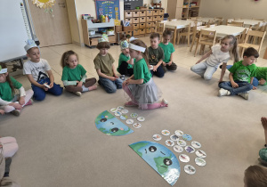 Dzieci segregują obrazki na smutną i wesołą Ziemię.