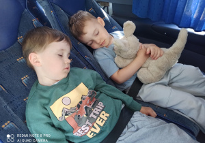 chłopcy śpią w autobusie