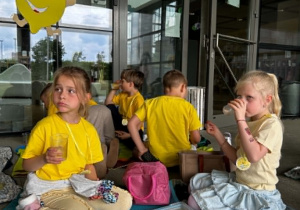 dzieci siedzą na kocach, pija lemoniadę i zajadają przekąski