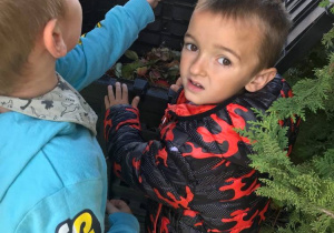 Dzieci wrzucają liście do kompostownika