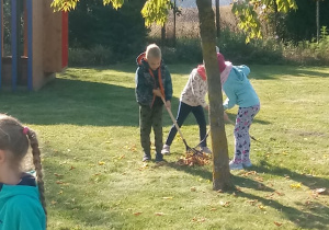 dziewczynki grabiami zgrabiają suche liście